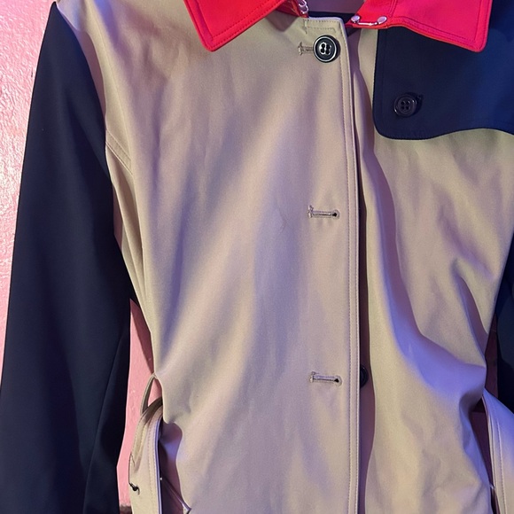 Cream and Blue Trench Coat with Color-Blocked Design - Picture 7 of 7